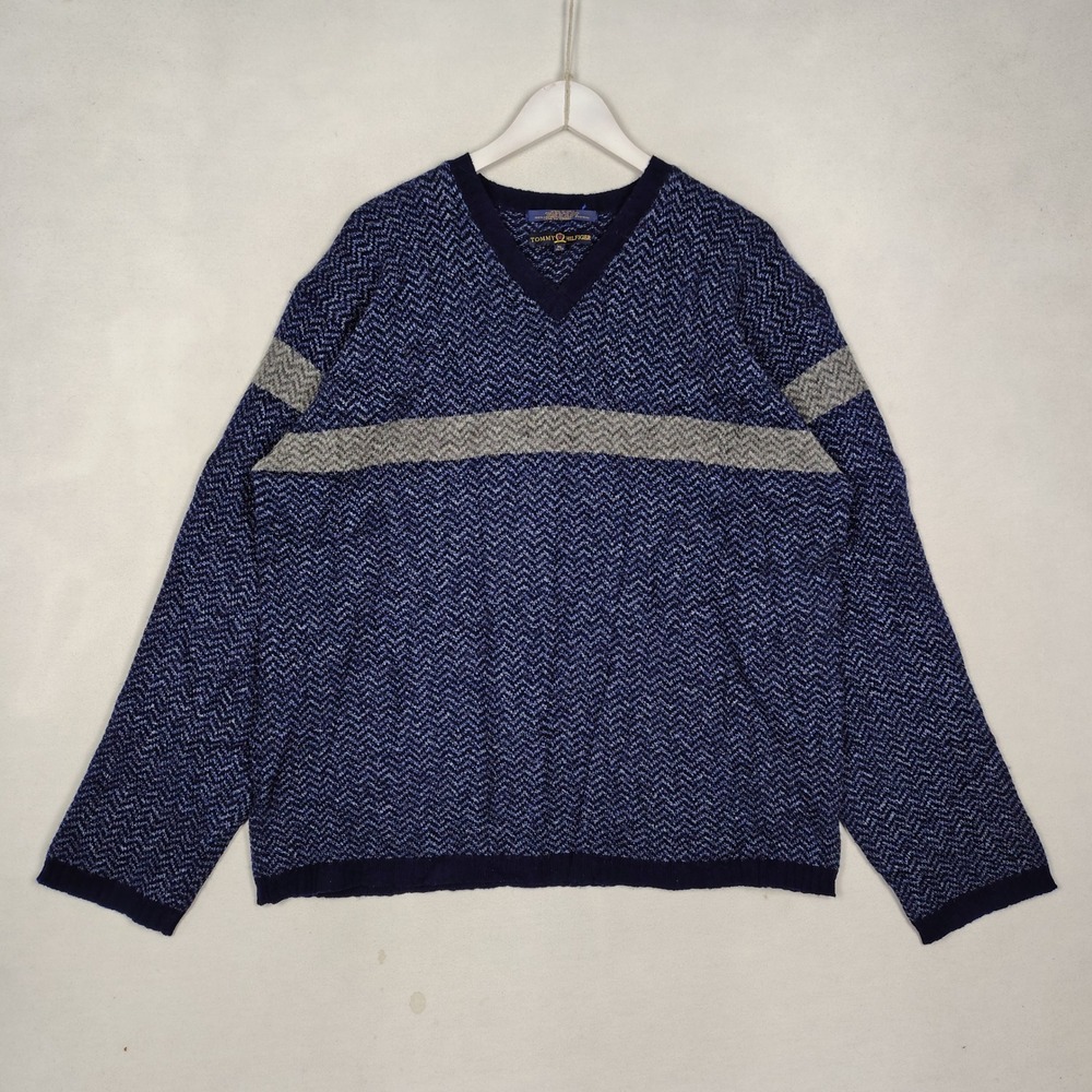 Tommy Hilfiger XL V-neck Patterned Lambswool Knit Sweater Navy Grey 1915